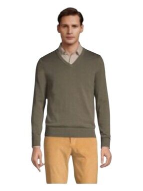 Lands End Mens Olive Green Fine Gauge Supima Cotton V Neck Sweater XL